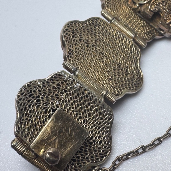 Vtg Chinese Export Bracelet Tiger's Eye Cabochon Silver Gilded Vermeil Filigree - Picture 11 of 16